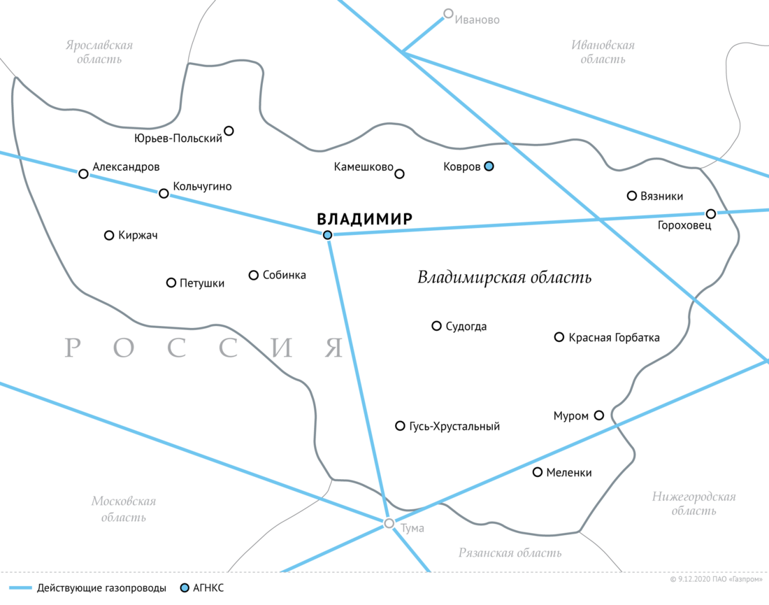 Схема магистральных газопроводов во Владимирской области